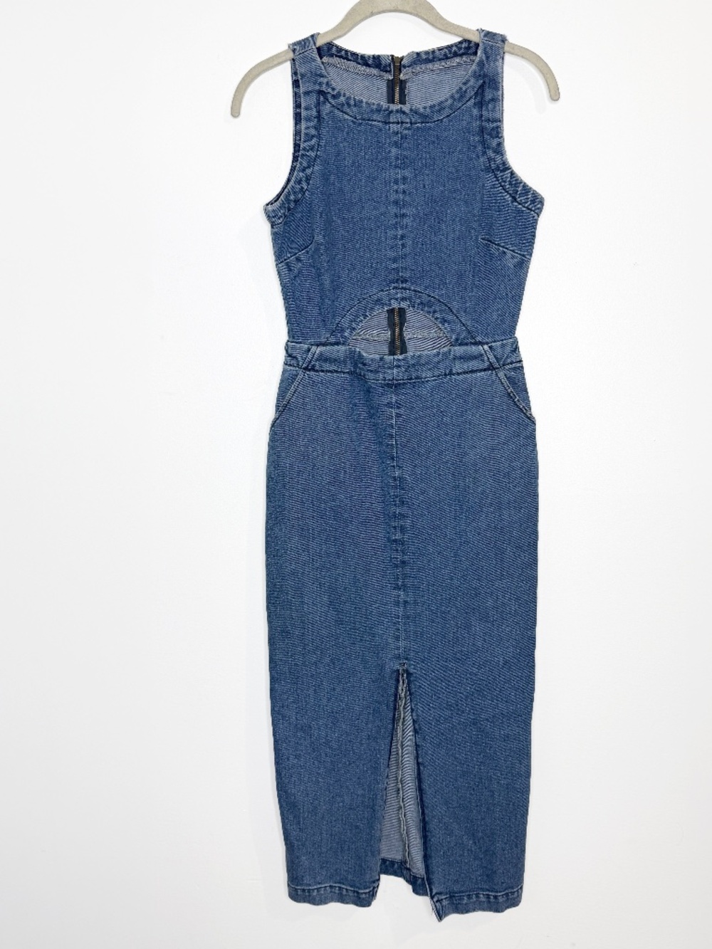 ASOS Denim Cutout Midi Dress Blue Sleeveless Pocket Slit Size US 4